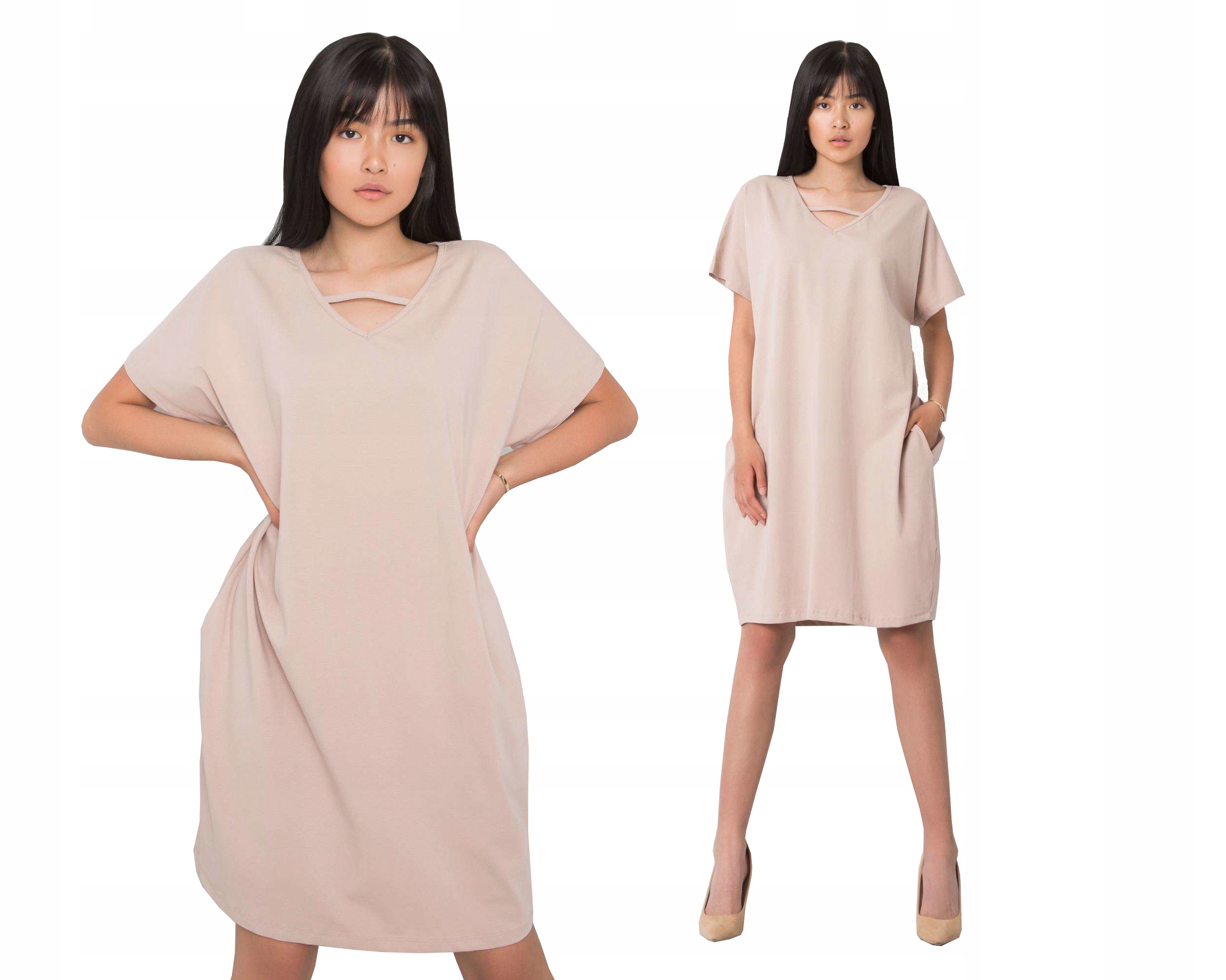 

Tunika Bawełna lato Sukienka Vneck F12X beż L/XL