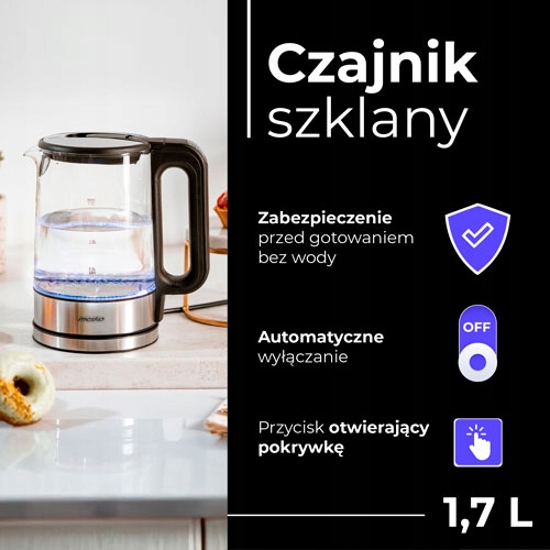Czajnik Szklany MS 1301 Black 1,7L z Regulacją Temp. 1850W