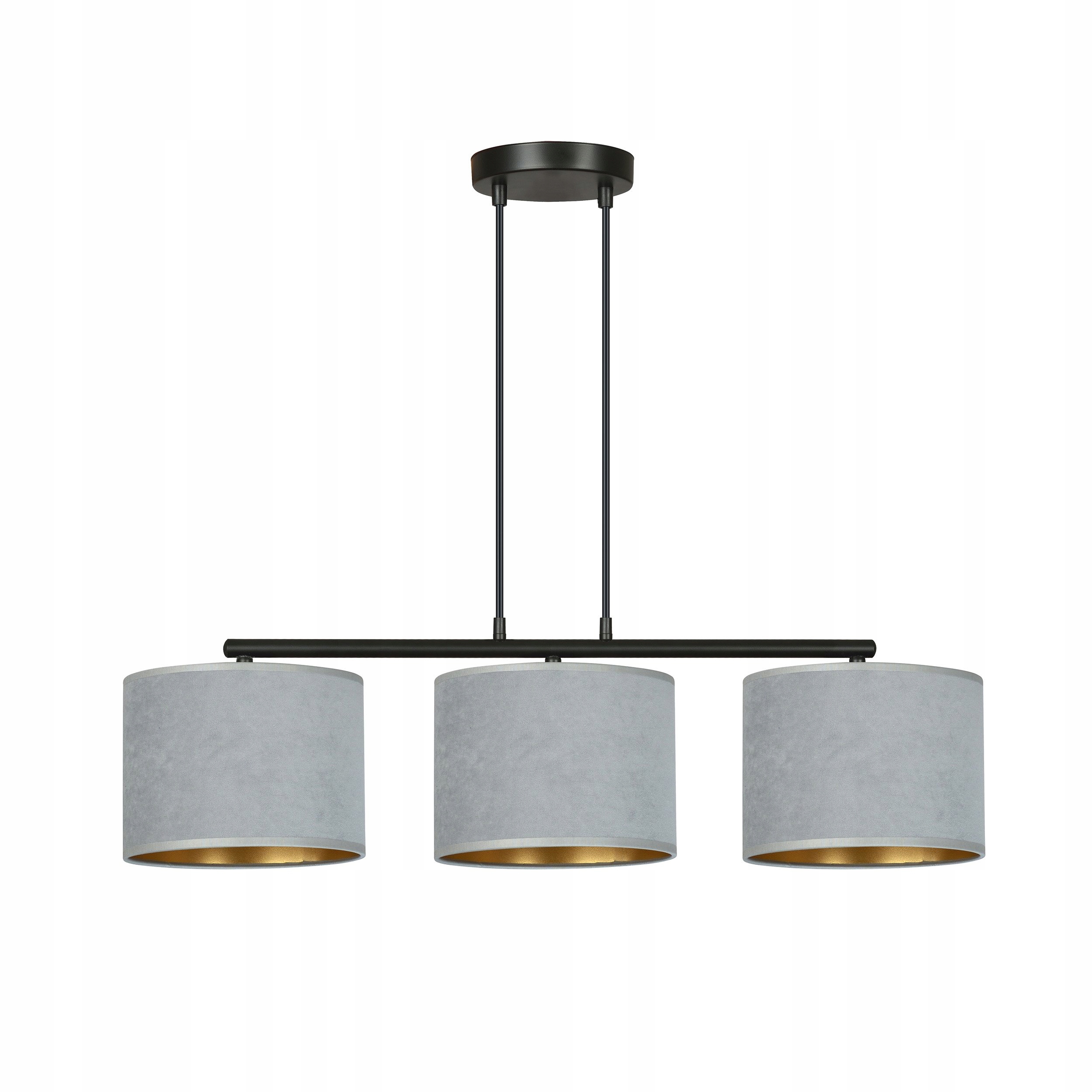 Závesná stropná lampa Hilde 3, sivý velúr, zlatá, v strede nad stôl
