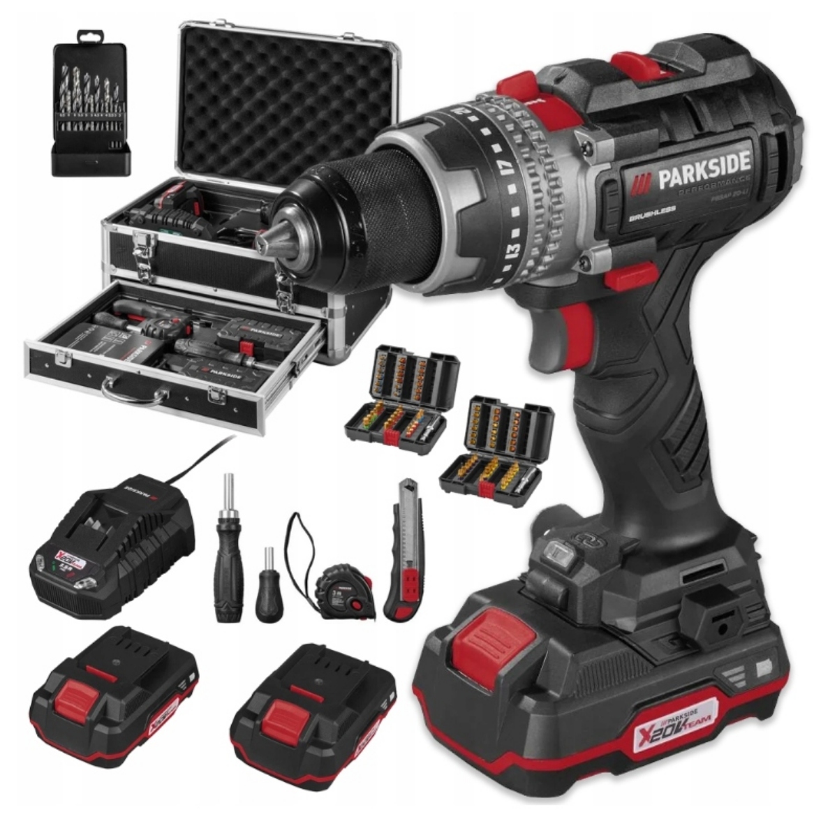 Akumulatorowa wiertarka wkrętarka Parkside walizka akcesoria 2x aku. 2 Ah