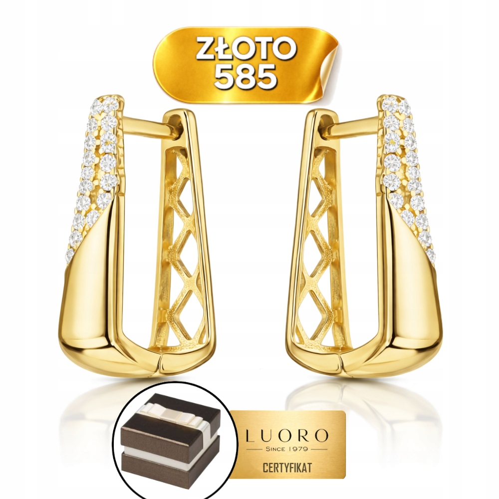 Náušnice Zlaté 585 14K S Prolamovanými Zirkony 15 MM Anglické Zapínání