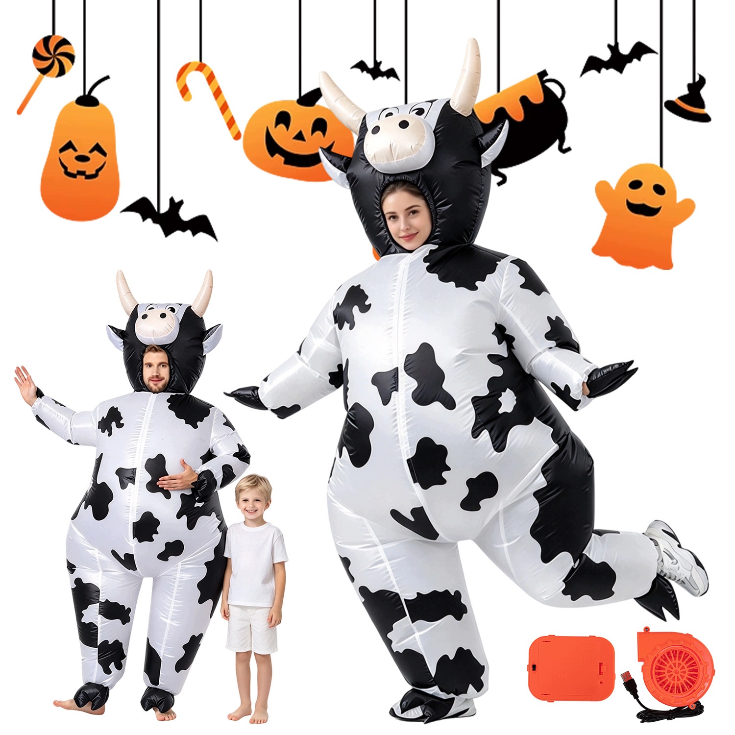 Kostým krávy pro dospělé 150–190 cm, Halloween, černo-bílý, napájení přes Usb, na párty