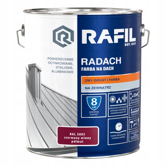 Radach 10L Czerwony Winny RAL3005 Półmat farba na dach Rafil ocynk stal