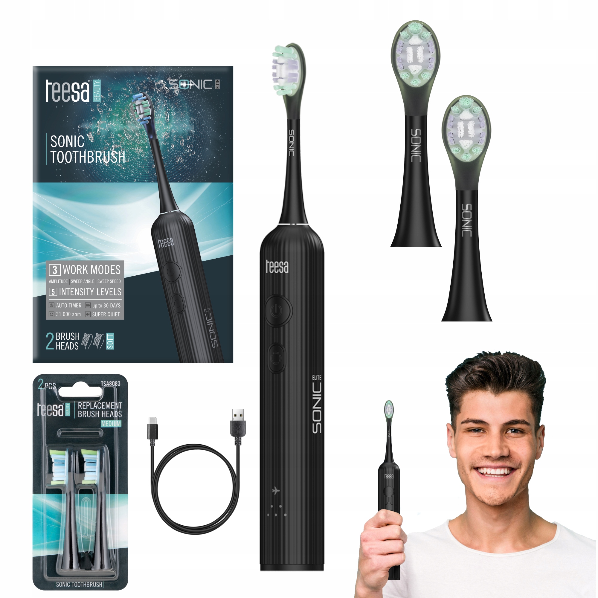 Soniczna szczoteczka do zębów Teesa Elite czarna dodatkowe główki średnie