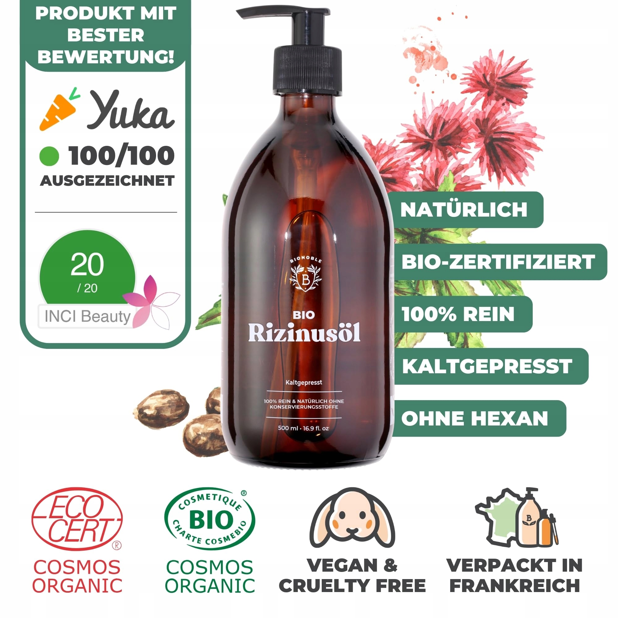 BIONOBLE Olej Rycynowy Bio 500ml Naturalny Do Włosów Rzęs Brwi Paznokci — miniatura 2