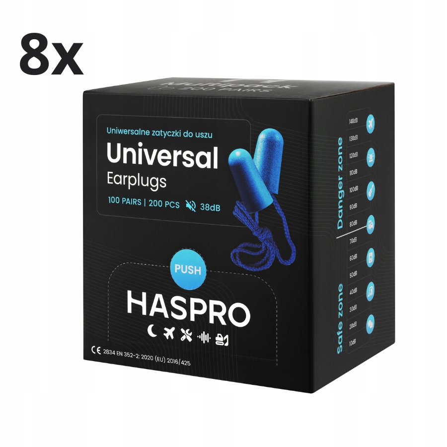 BOX100C Protihlukové zátky 38 dB s provázkem, 100 párů 8 sad