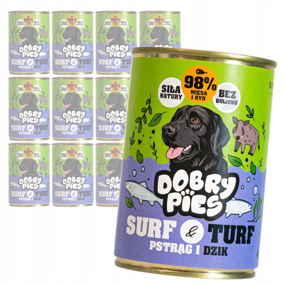 Levně Dobry Pies Surf & Turf 12x400g Vlhké Krmivo pro dospělé psy, pstruhy a divočáky