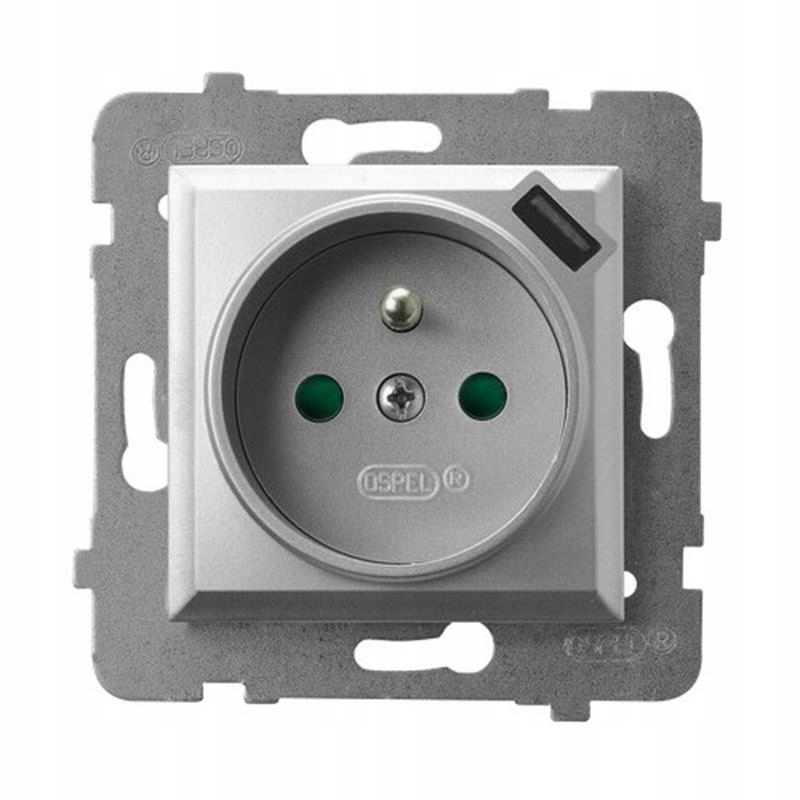 Ospel Aria stříbrný – jednozásuvka (+0) se clonami a nabíječkou GP-1