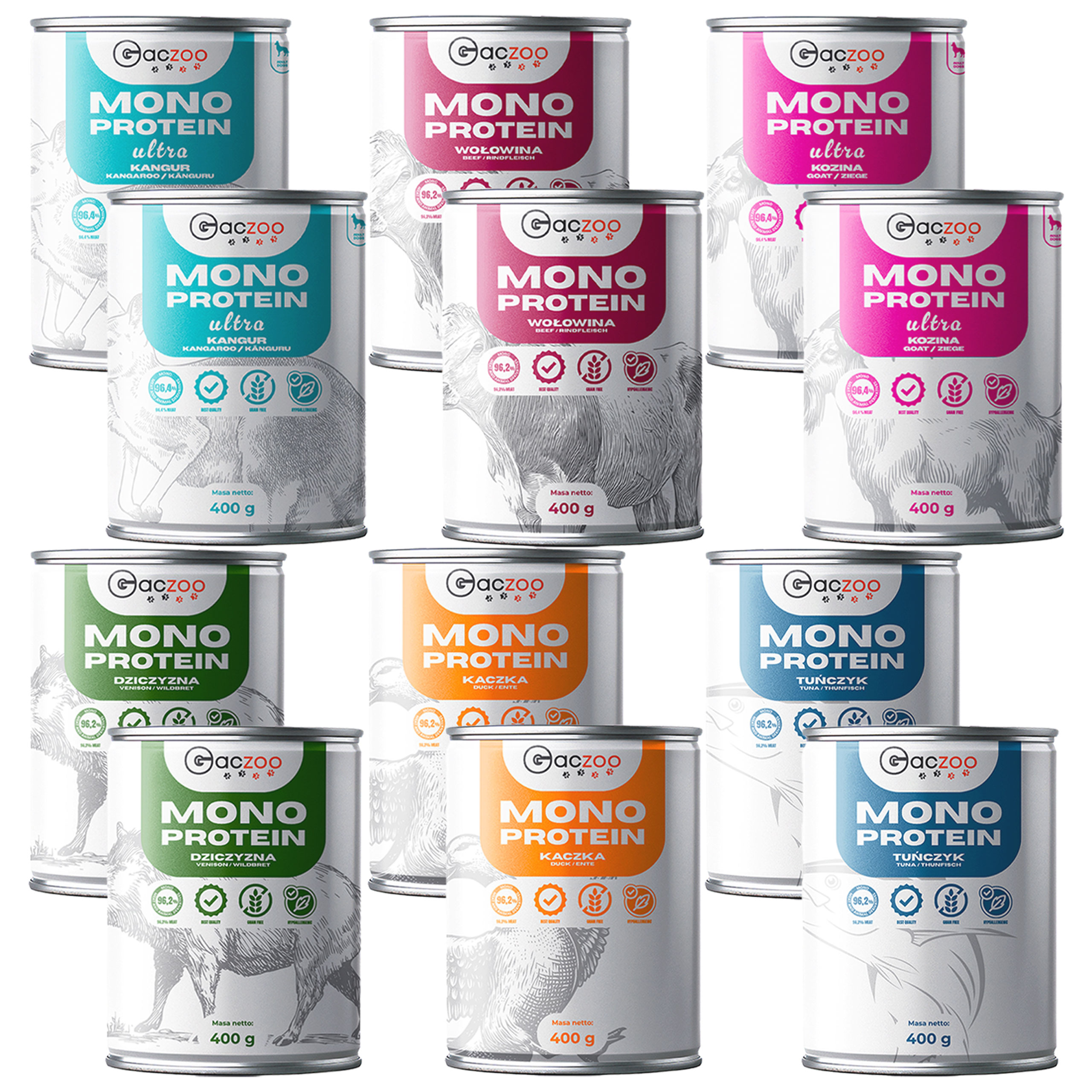 Levně Gaczoo Mono Protein monoproteinové krmivo pro psy mix chutí 12 x 400 g