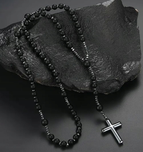 Elegantní růženín z přírodního kamene a hematitu černý obsidián matný