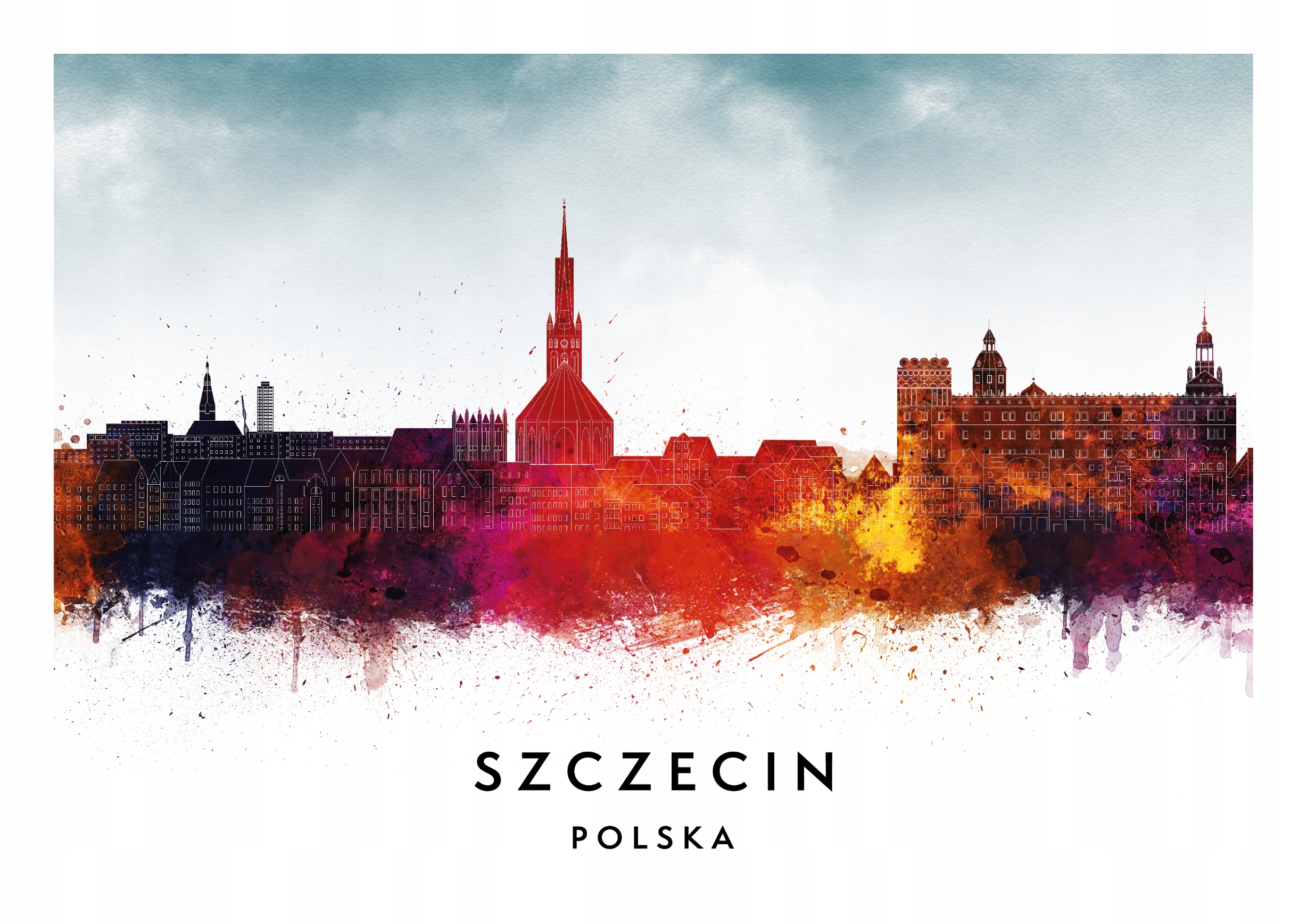 Plakat Szczecin skylines watercolor 50x40cm v4 • Cena, Opinie • Plakaty