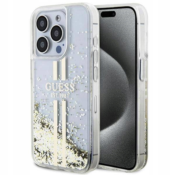 Pouzdro Guess Liquid Glitter Gold Stripes pro iPhone 15 Pro bezbarvé