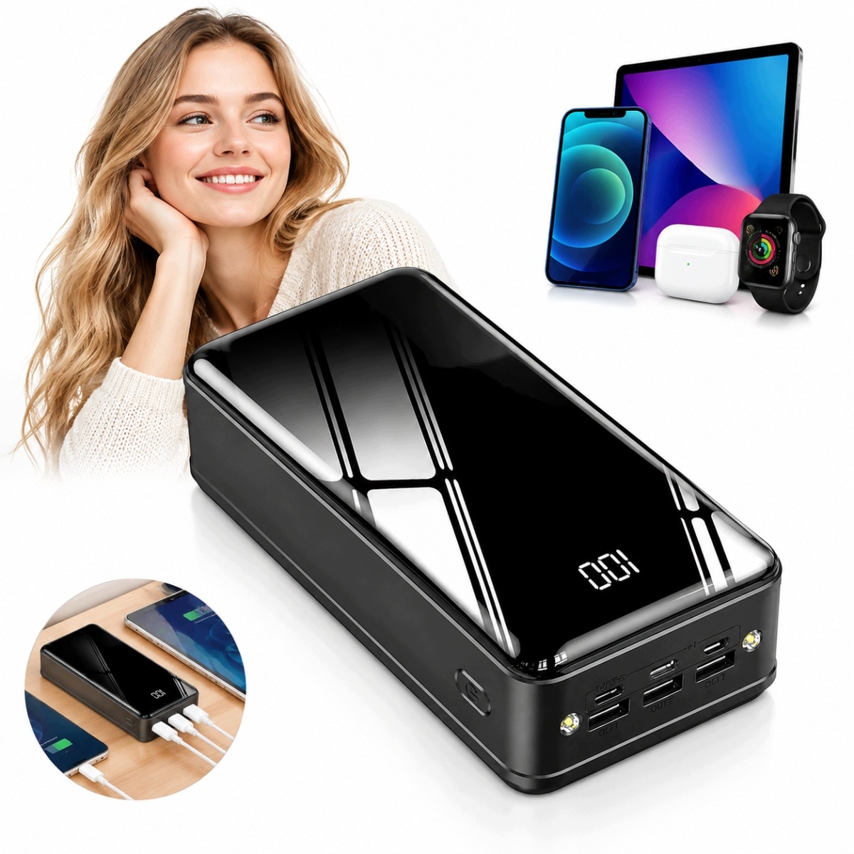 100000MAH Powerbank Power Bank 4XUSB Usb-c Mocny Turbo Charging Z Latarką