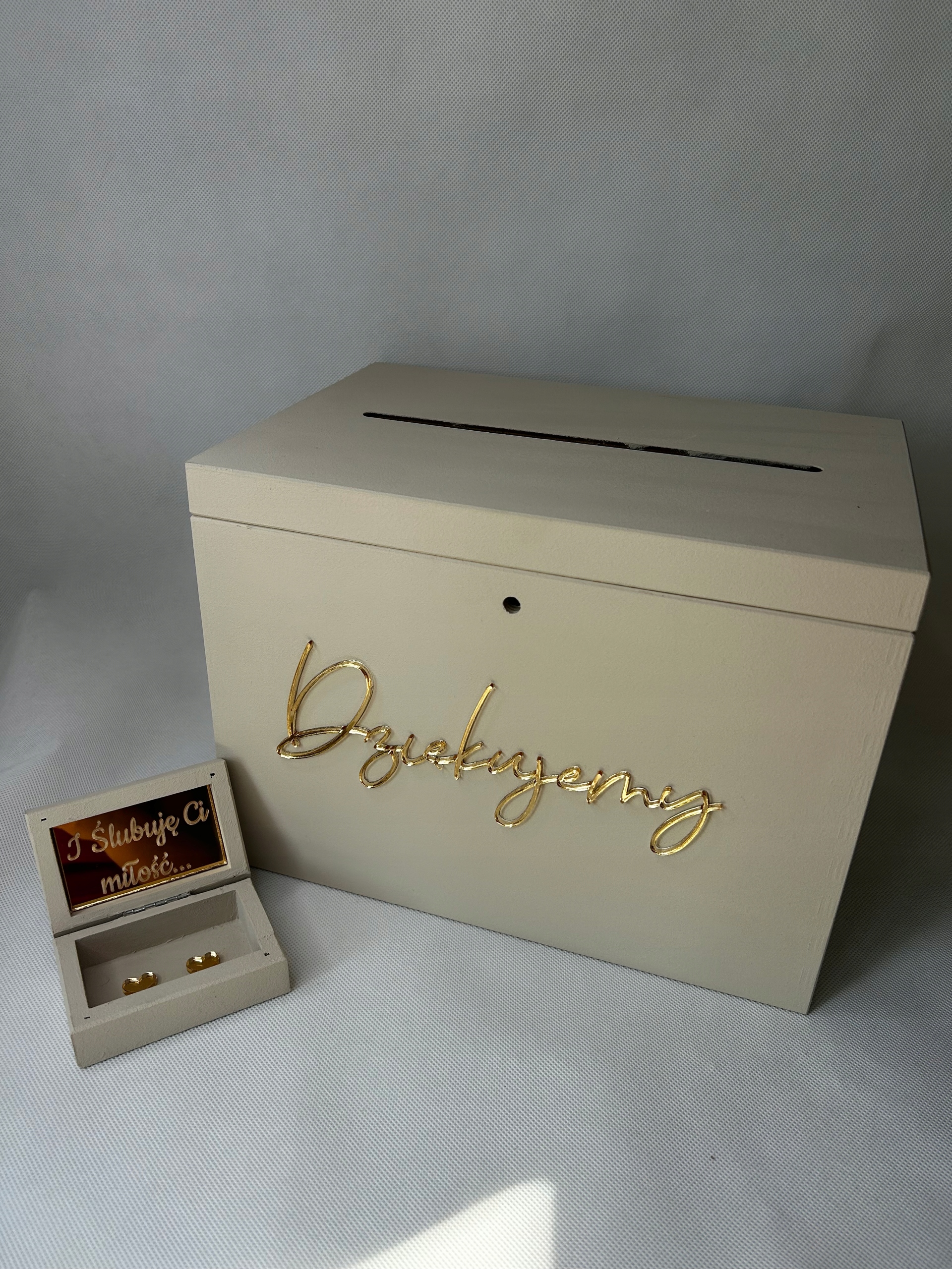Pudełko na koperty i obrączki ślub na kluczyk beżowe złote lustro Marka inny