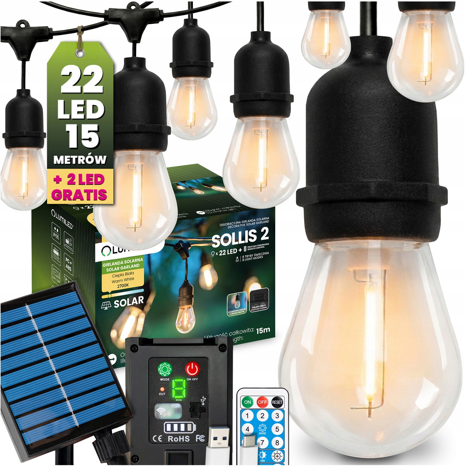 Solární zahradní světelná girlanda 22 Led na balkon Terasa 15 m 2700K Pilot