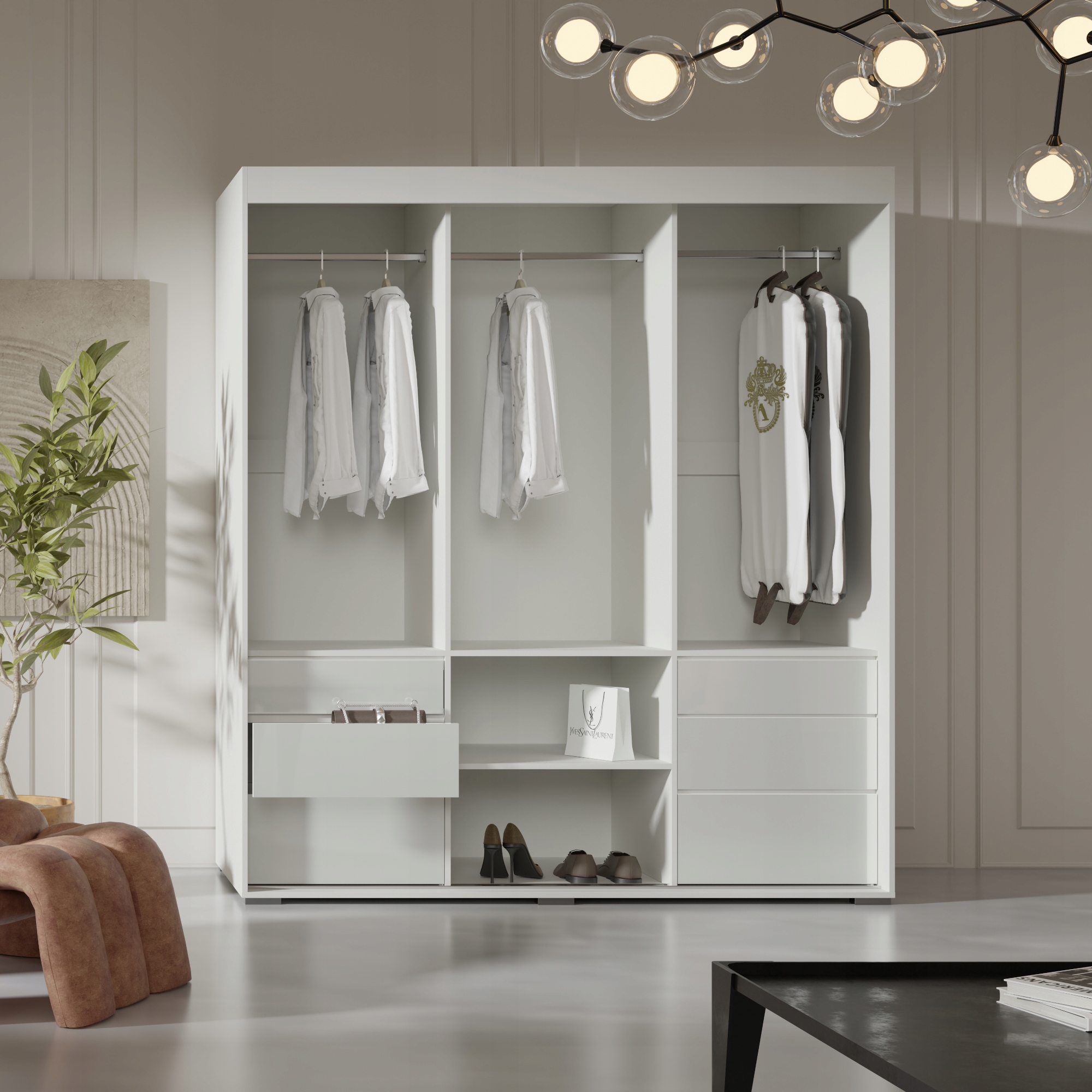 Szafa przesuwna z szufladami Torino 3D 180 Biała (lacobel)