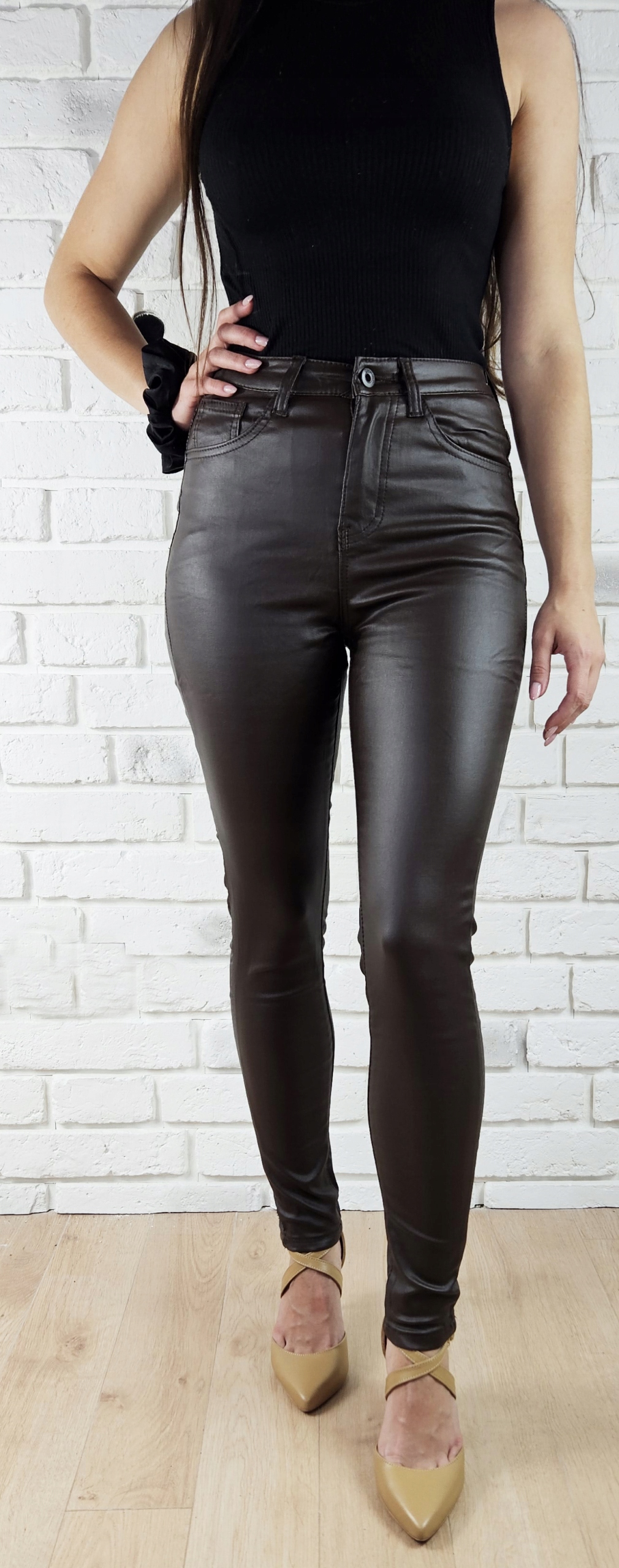 DAMSKIE SPODNIE OCIEPLANE MODELUJĄCE WOSKOWANE SKÓRA Marka bez marki