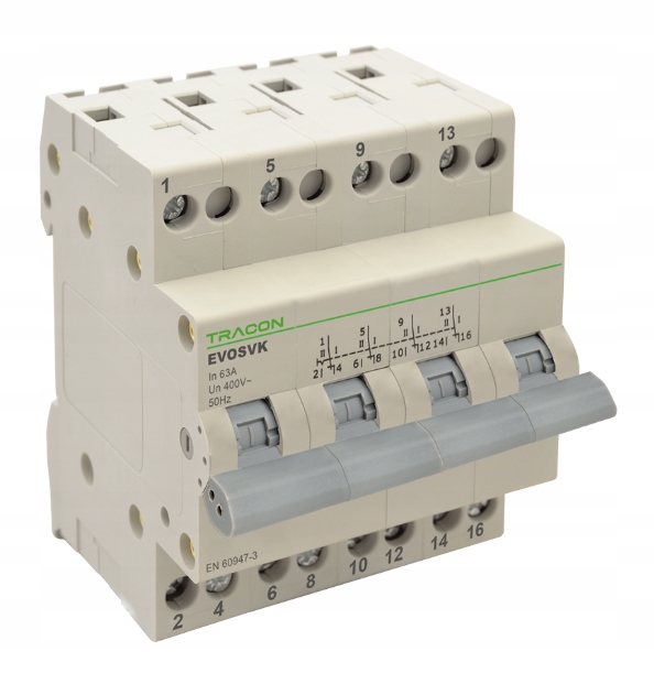 Przełącznik sieć agregat Tracon 63A 4P, 400V, IP20, montaż na szynie Din