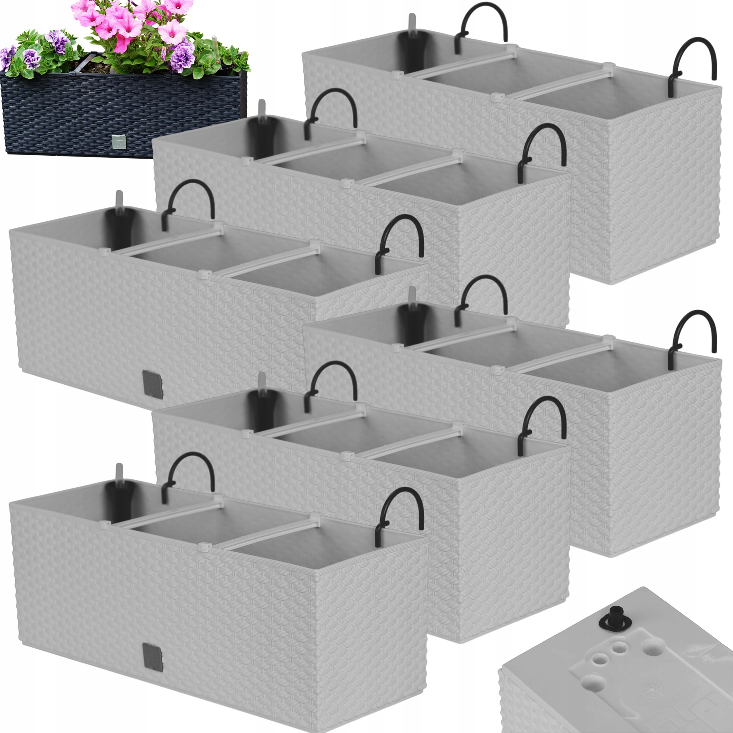 6 x Balkónový kvetináč 51 cm úchytky háčiky, zavlažovač, box na balkón