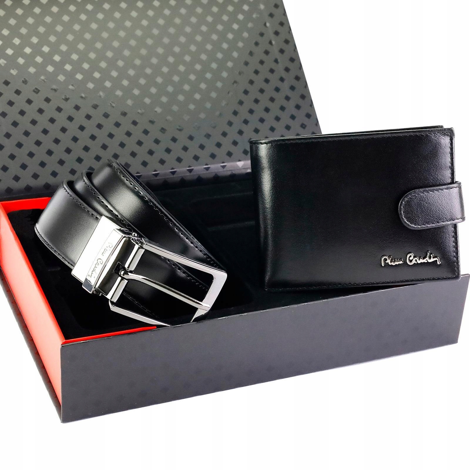Pierre Cardin Zestaw prezentowy skórzany męski czarny portfel pasek 120cm