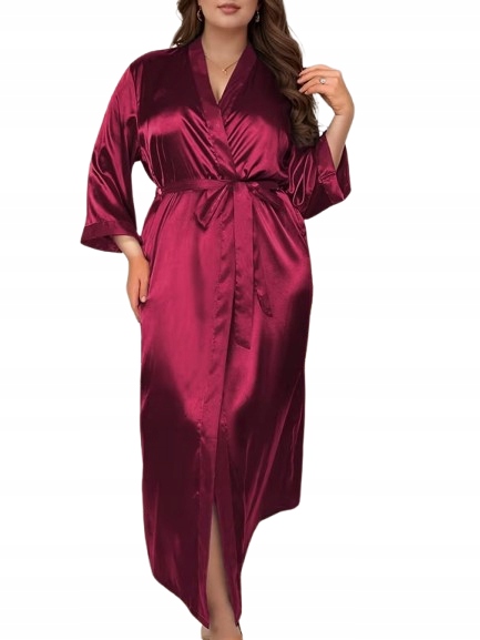 Dlouhý Župan Burgundy Příjemný Saténový Sexy Saténový Župan 4XL
