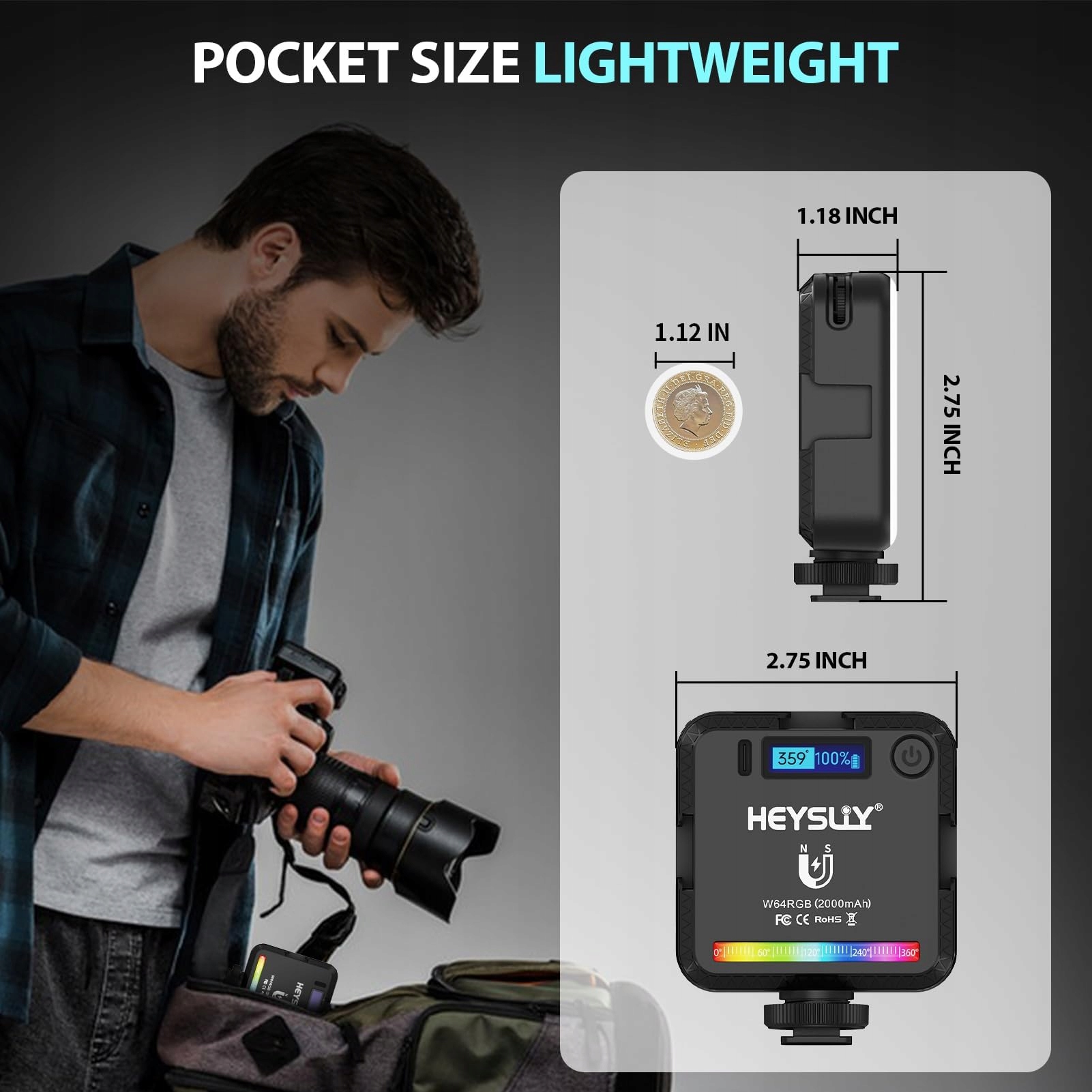 HEYSILY Lampa LED RGB Do Kamery 2500K-9000K Z Akumulatorem 2000mAh — miniatura 3