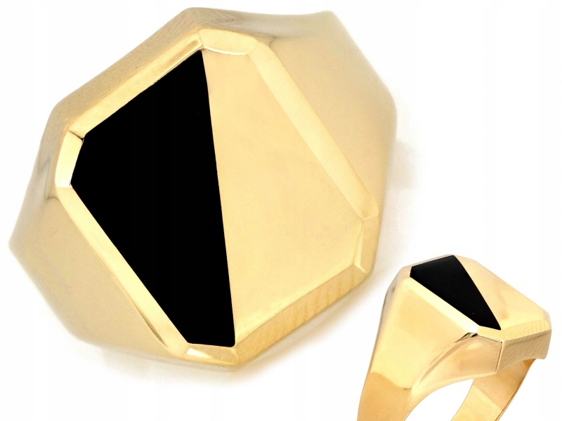 Zlatý prsten 585 velký jemný s černým smaltem dárek pro muže r25