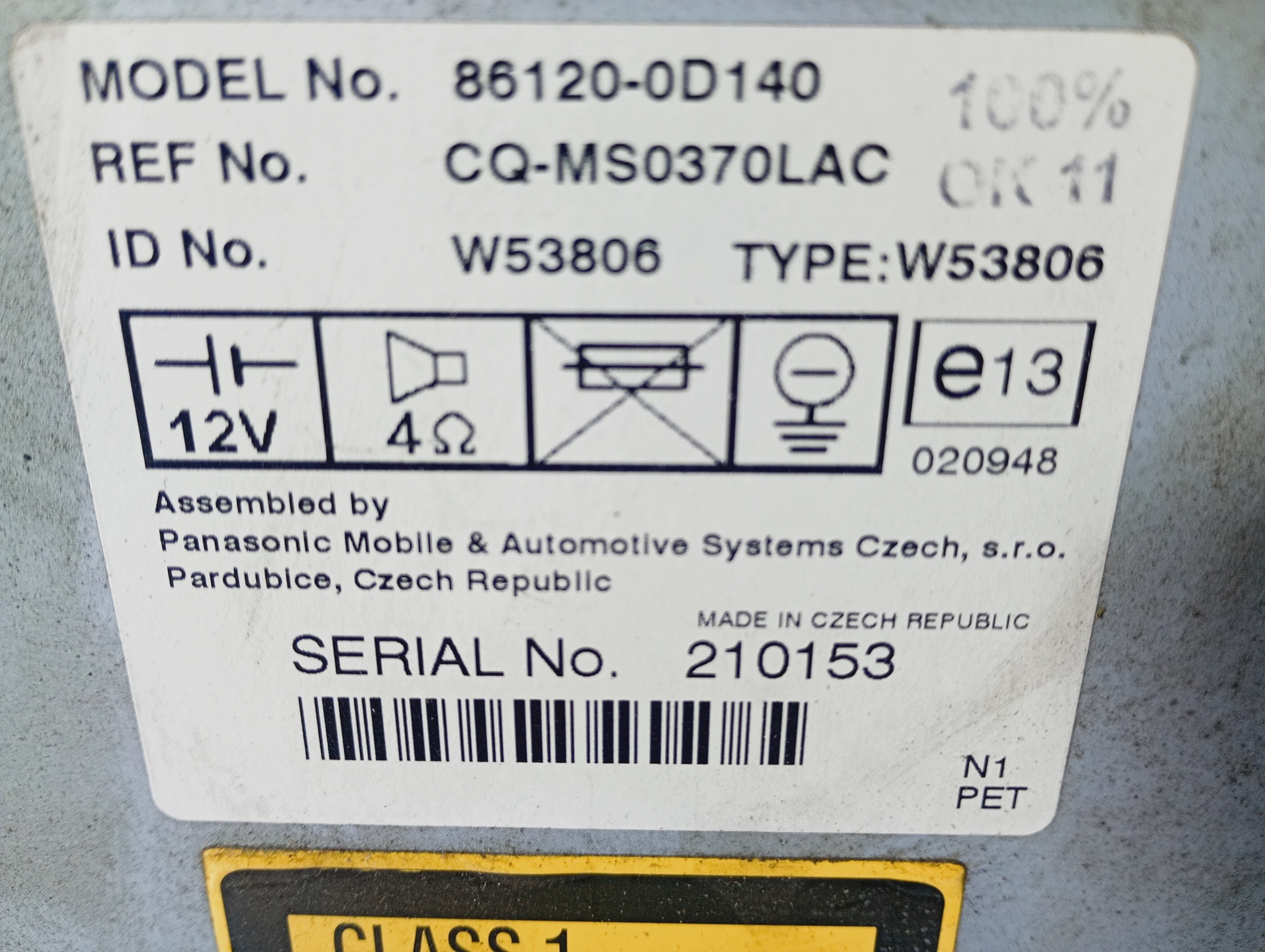 Radio original CD fehlt code OE 861200D140 Toyota Yaris und 1 99-05