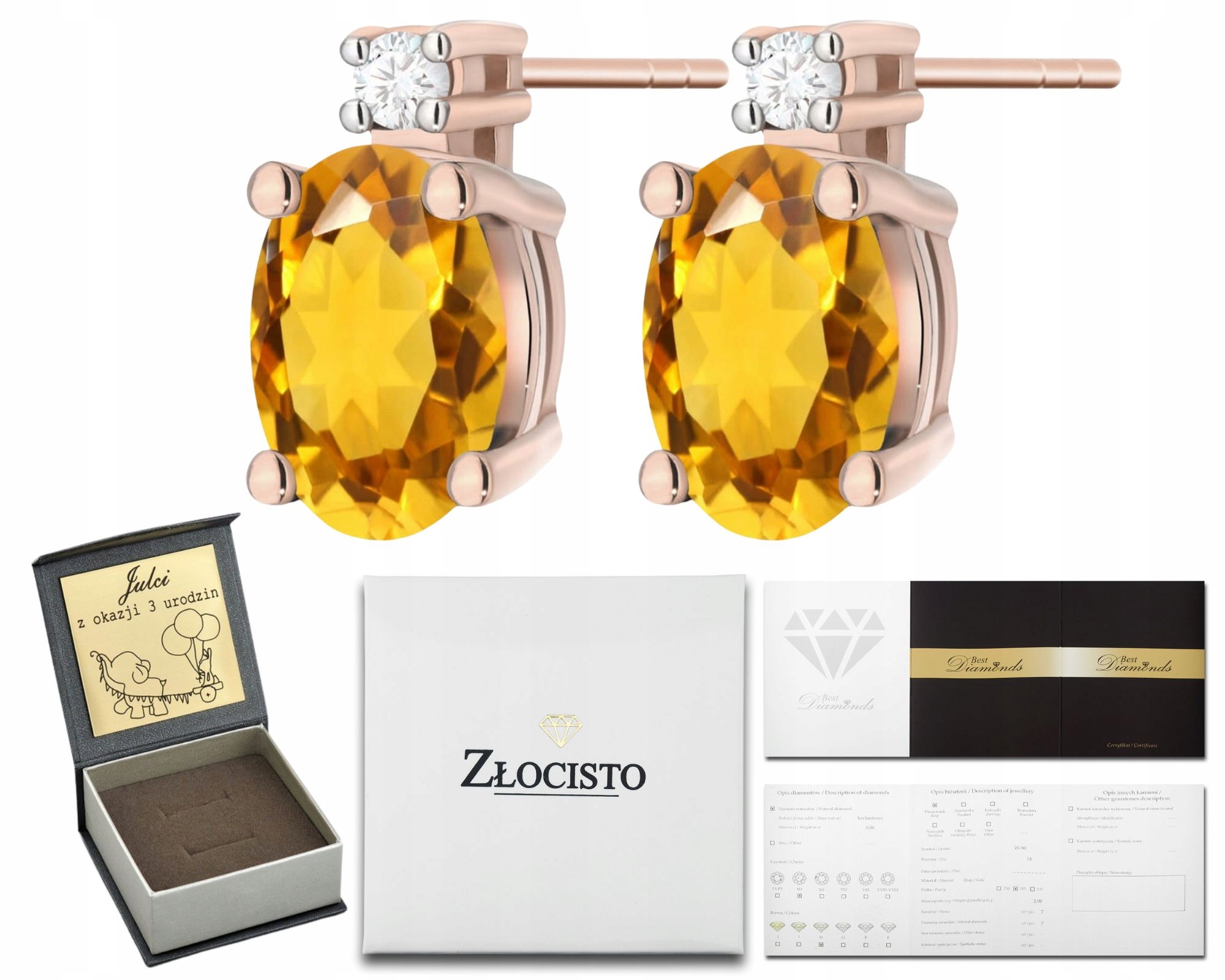 Růžové Zlato Náušnice S Citronem A Brilianty Zlato 585 Ks