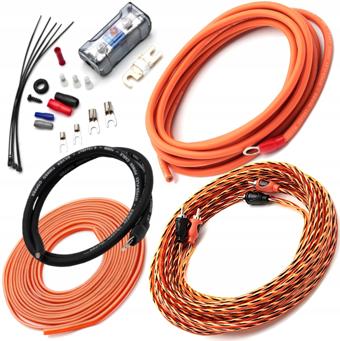 MOCNE KABLE PRZEWODY 10mm2 DO WZMACNIACZA TUBY BEZPIECZNIK RCA ZASILANIE