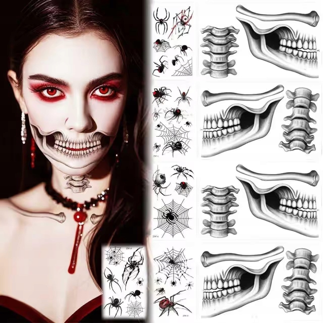 Omyvatelné tetování Halloween Čelisti Pavouci Kosti Kostlivce (14 listů)