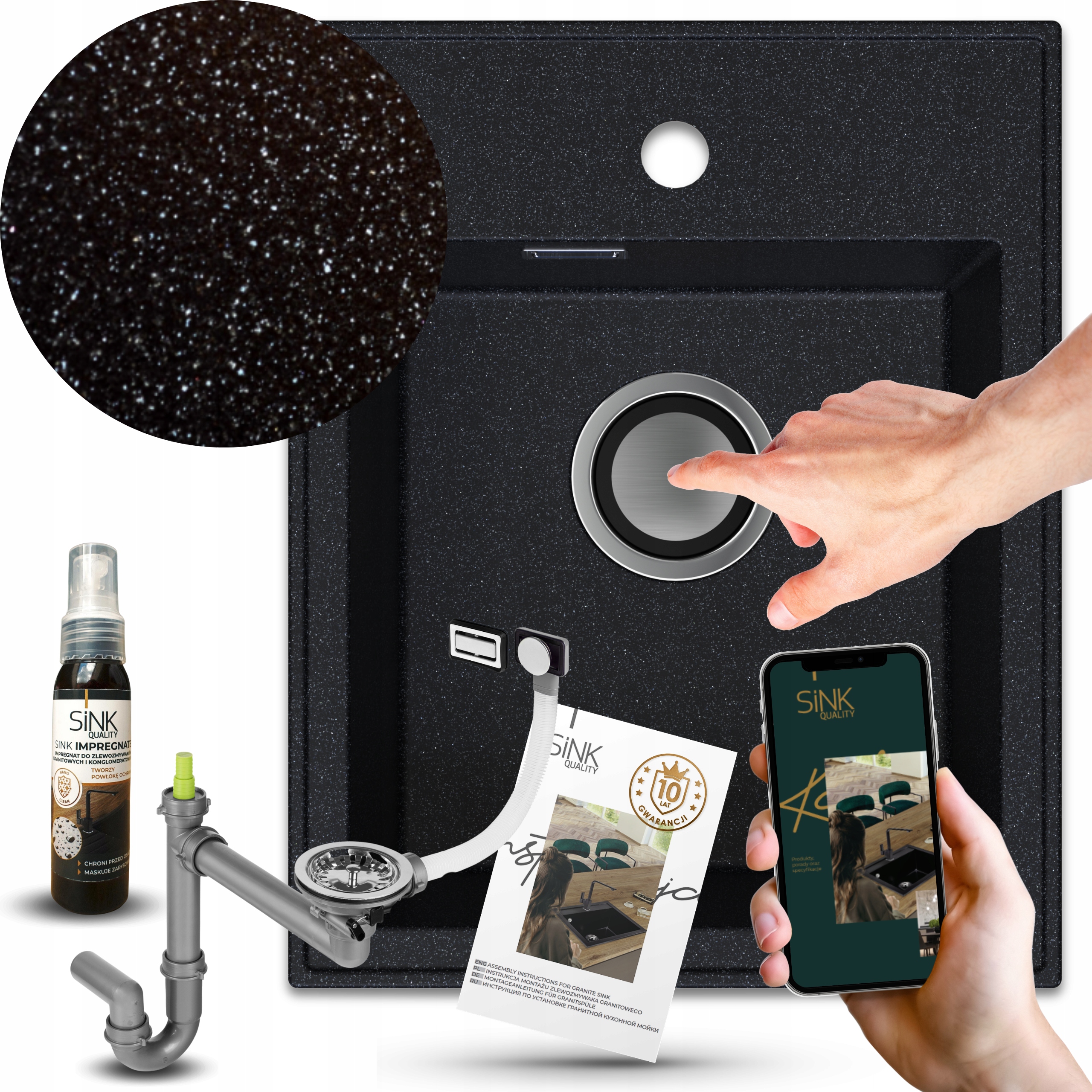 Granitový Jednokoromový Drez Čierny Metalik Sifón Klik Klak 7v1