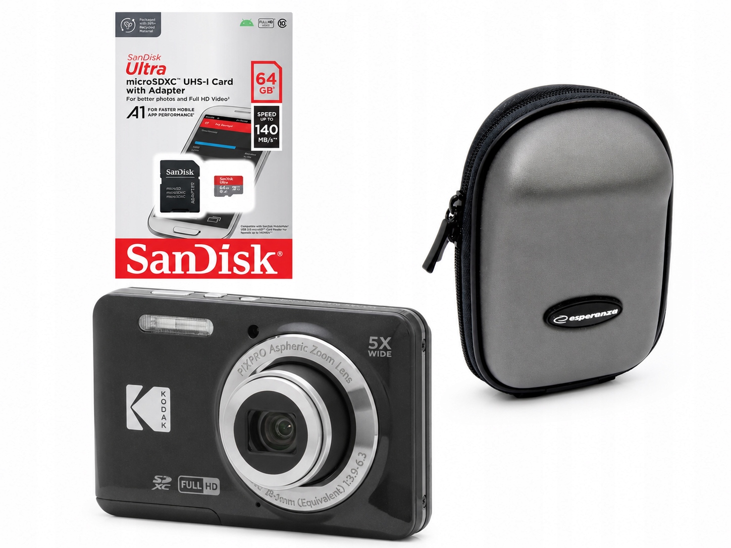 Fotoaparát Kodak FZ55 Černý Karta Sandisk 64GB Sdhc Adaptér Pouzdro Natec