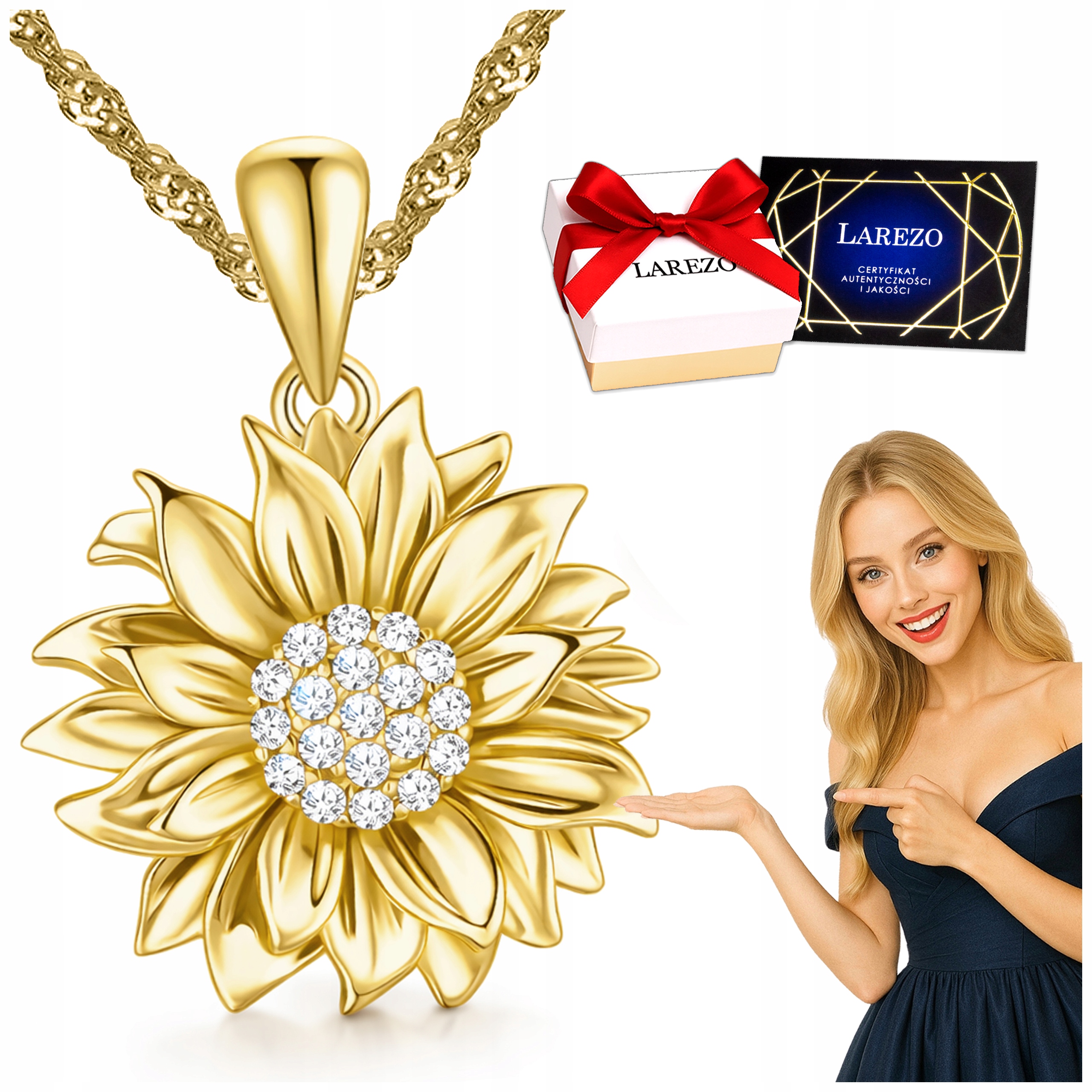 Zlatý náhrdelník Květ života Slunečnice s zirkony Velký květ Stříbro 925