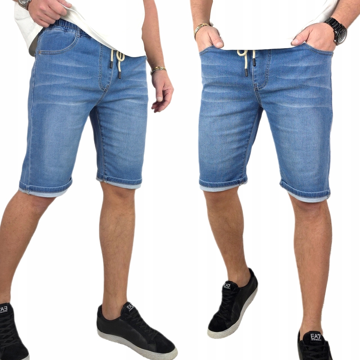 Krótkie Spodenki męskie Jeansowe z Kieszeniami spodnie Pas Z Gumką 510 XL
