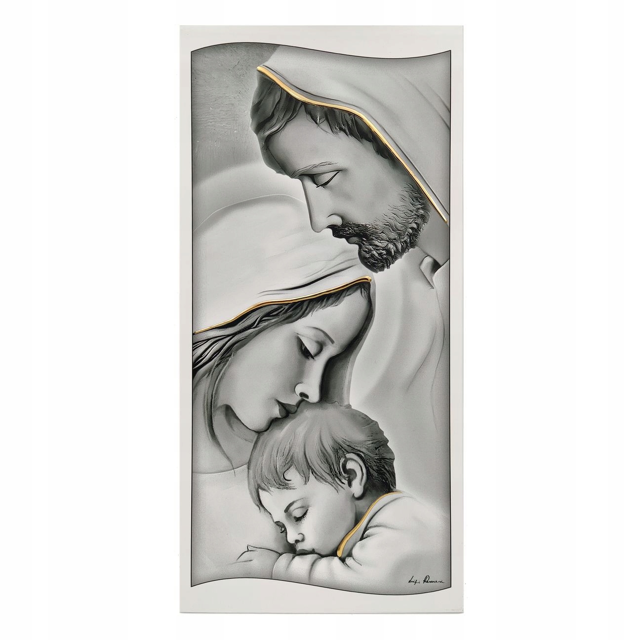 Obraz Świętej Rodziny malowany na drewnie Rozmiar: 24.2x47.5 cm