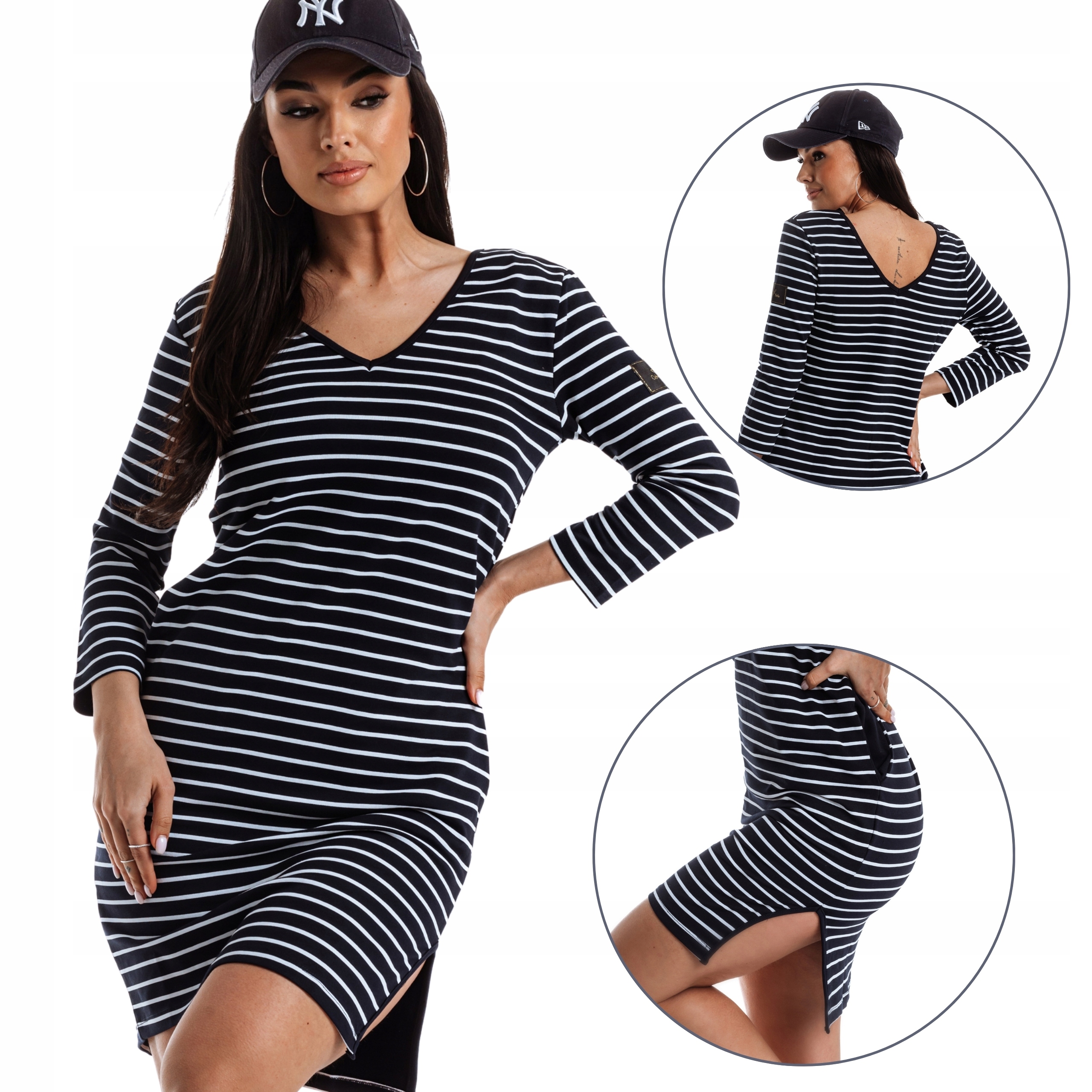 Pletené letní bavlněné pouzdrové Šaty s námořnická modrá bílými pruhy, velikost M