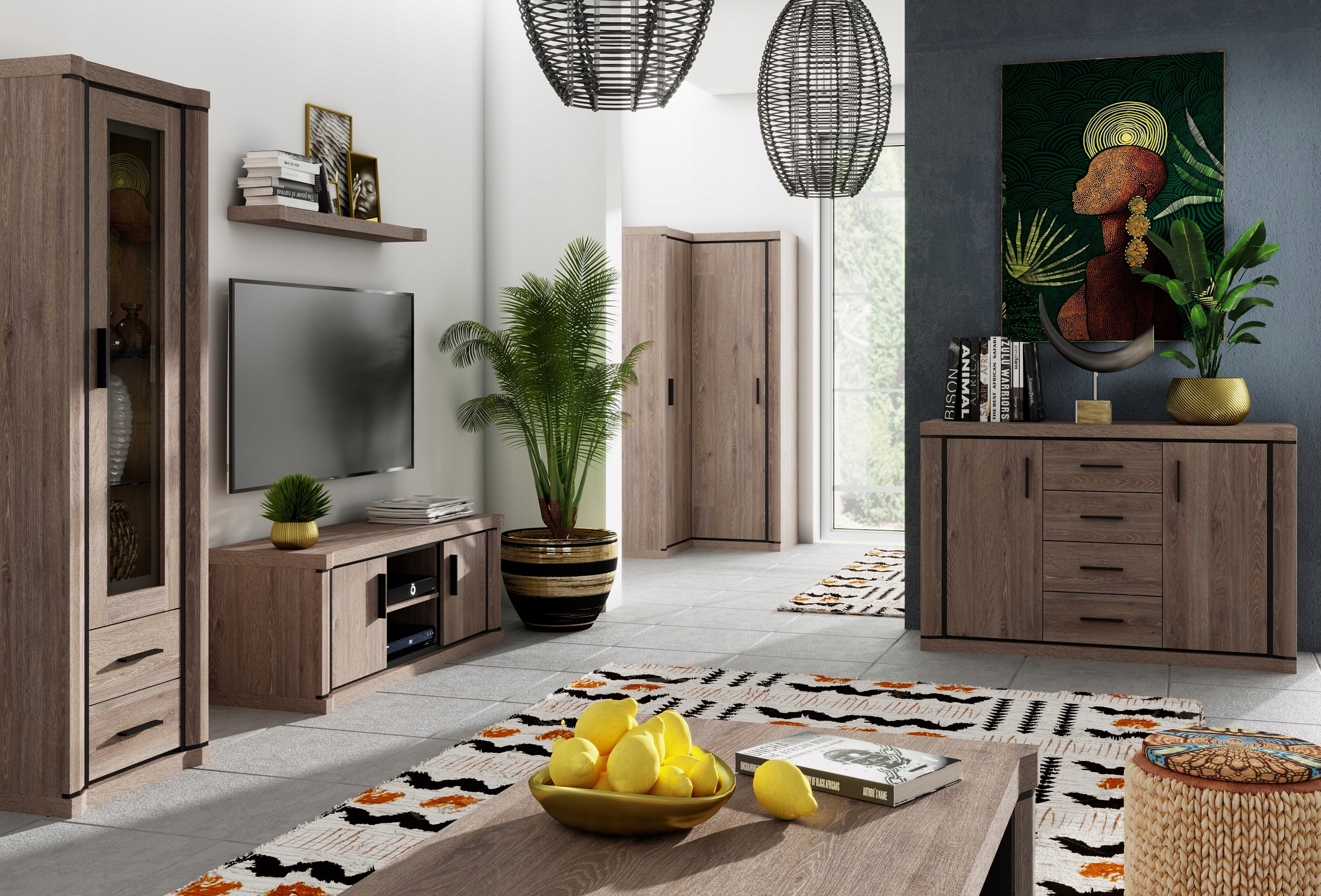 Wysoka wąska witryna słupek do salonu Kolor frontów dąb truflowy