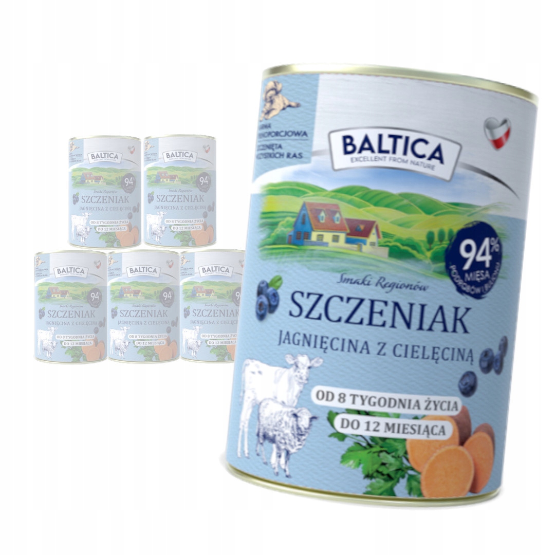 Levně Baltica Jehněčí s telecím masem 6x400 g Bezobilné Vlhké Krmivo pro štěňata