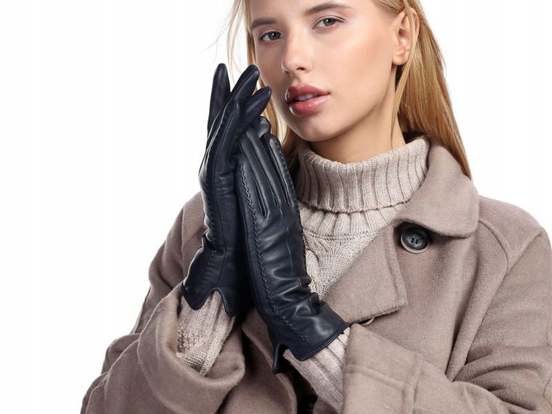 RĘKAWICZKI SKÓRZANE DAMSKIE SKÓRA CIELĘCA OCIEPLANE CZARNE NA JESIEŃ ZIMĘ Rozmiar M