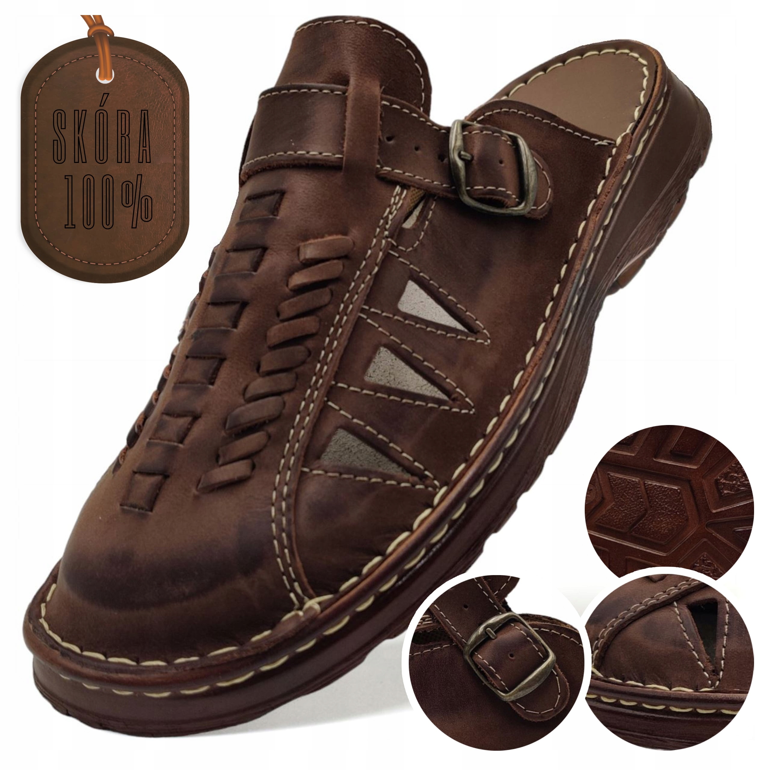 Klapki Męskie Skórzane Klasyczne Polskie Ciemne Brązowe 43