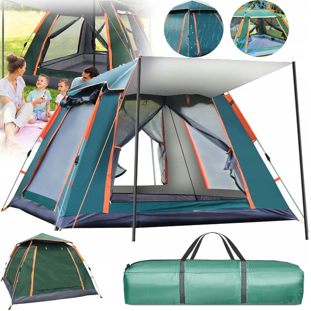 Namiot Turystyczny Automatyczny Zielony Dla 4 Osób Duży Z Przedsionkiem