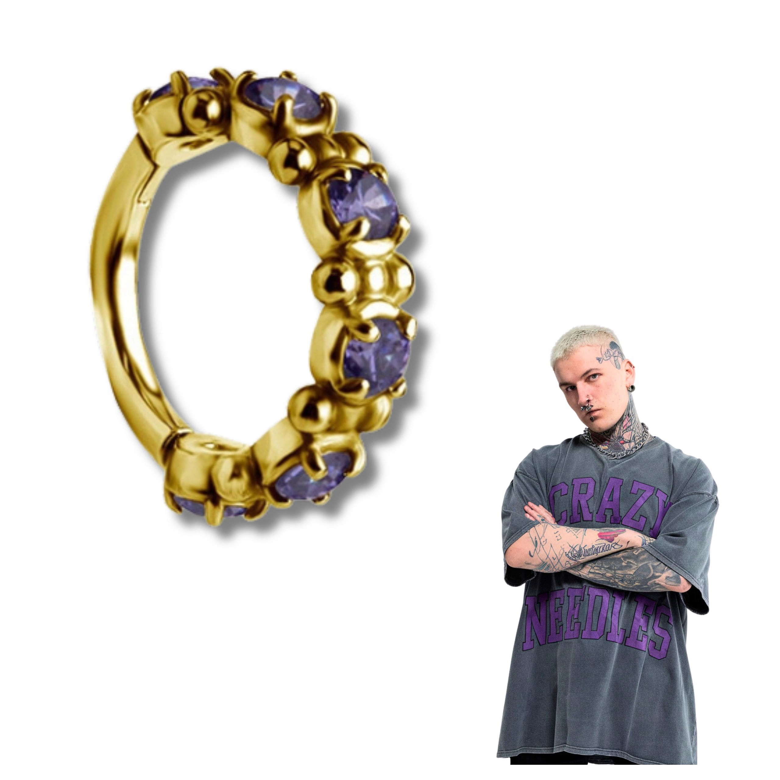 Náušnice kolečko clicker zlaté s fialovými zirkony pro helix lobe 1,2/10 mm