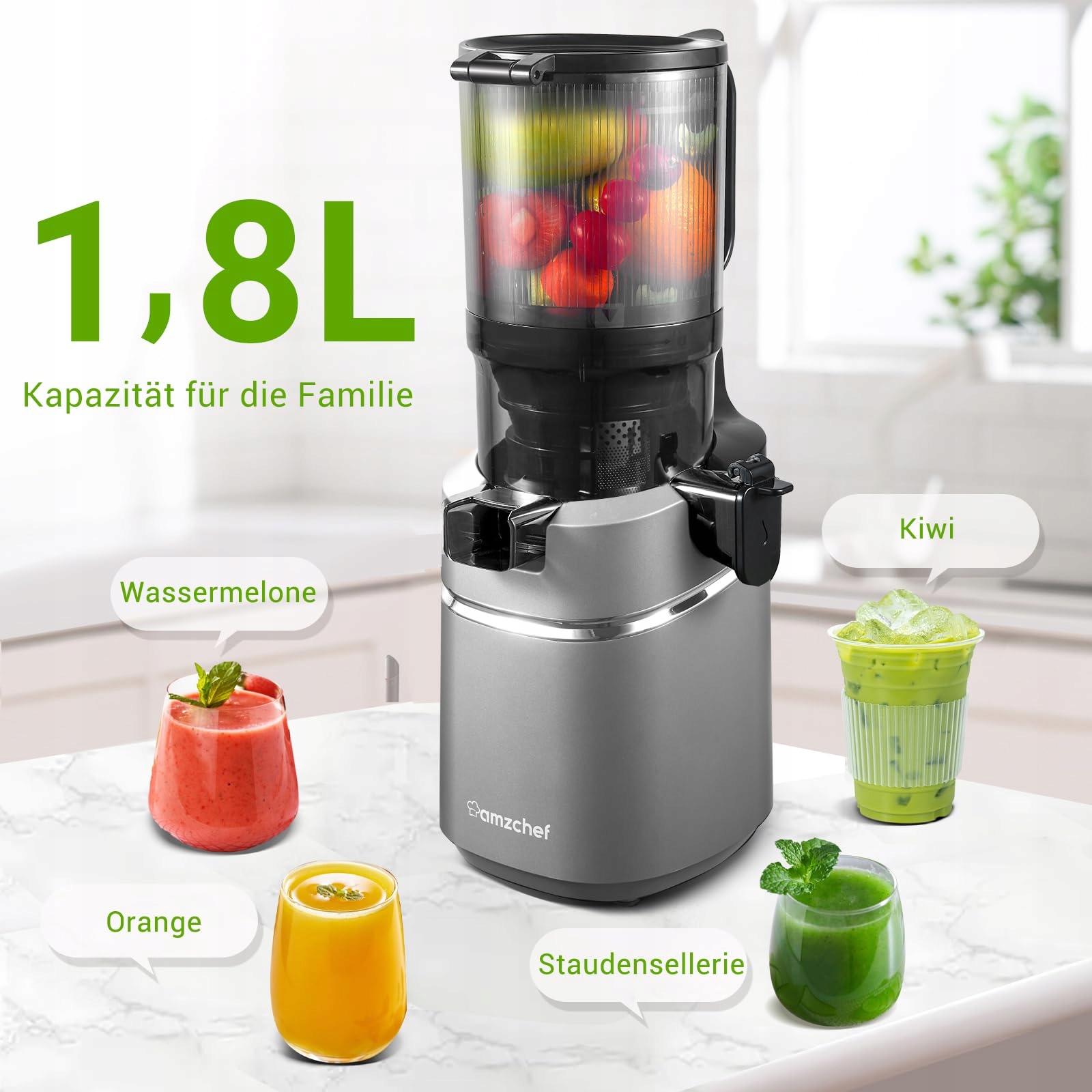 AMZCHEF Wolnoobrotowy Wyciskarka 250W 135MM Do Warzyw i Owoców 1,8L Szary — miniatura 3