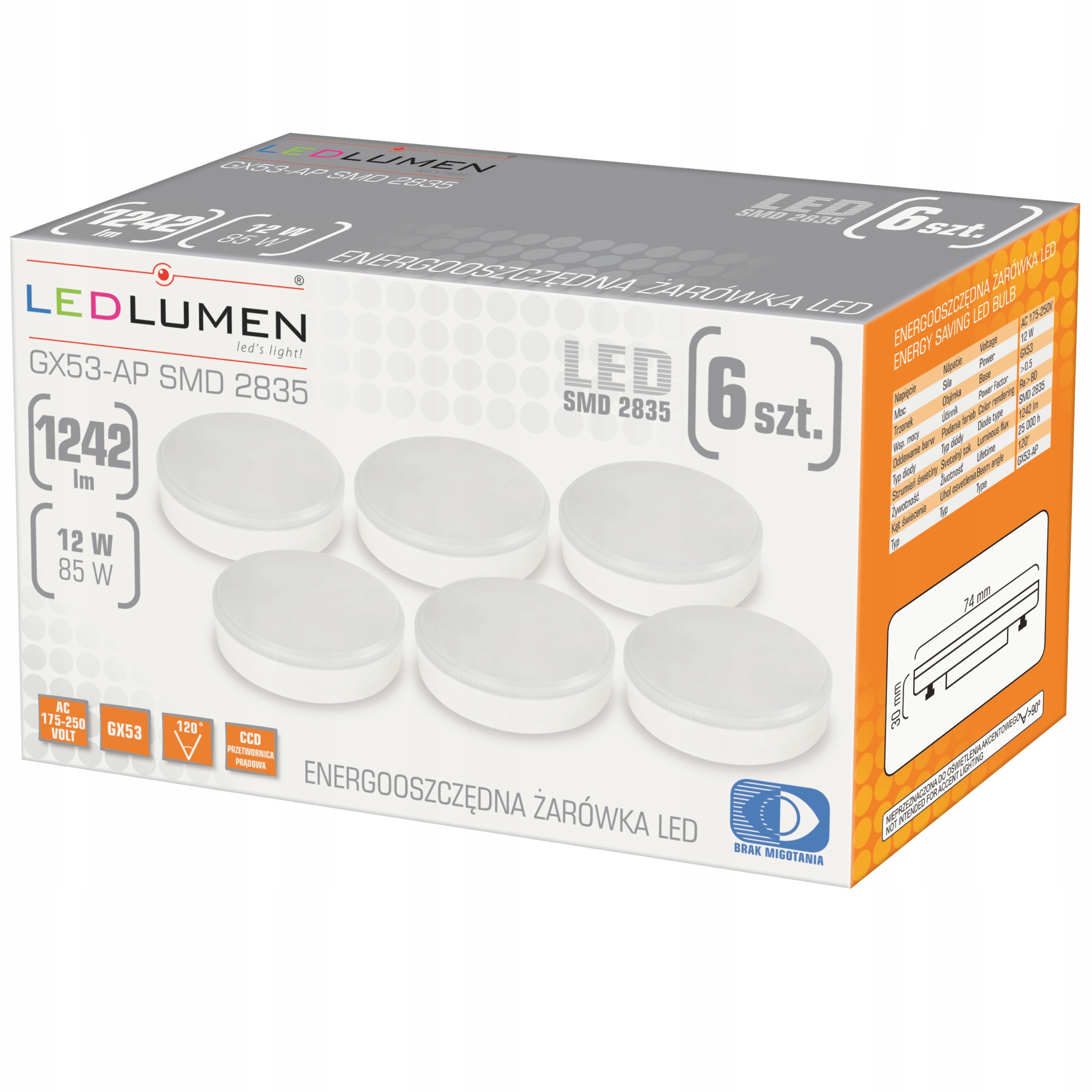 Żarówka Led GX53 12W=85W 1242lm CCD Energooszczędna Brak Migotania 4000K