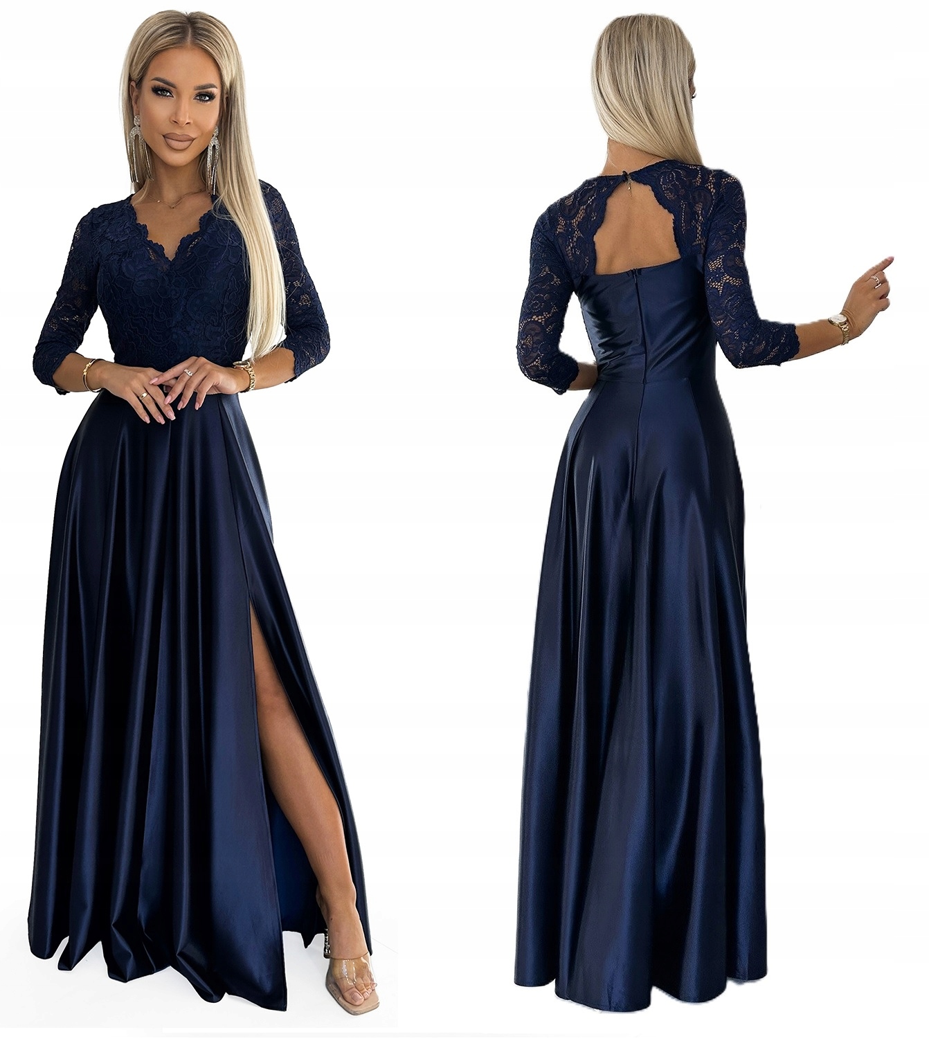Elegantní Dlouhá Saténová Sukně S Krajkovým Výstřihem Na Ples, Tmavě Modrá, S