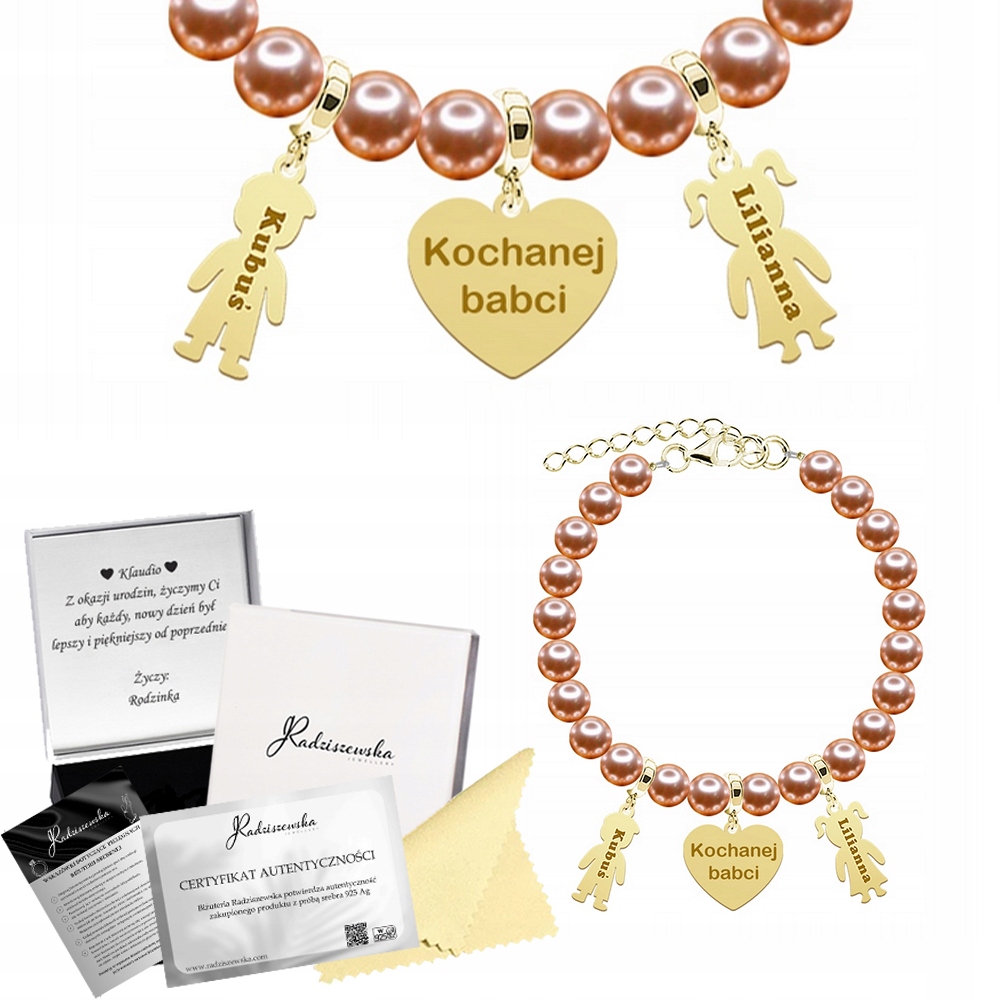 Náramek pro maminku Zlaté jméno dítěte Perly 925 Dárek Gravírování Přání