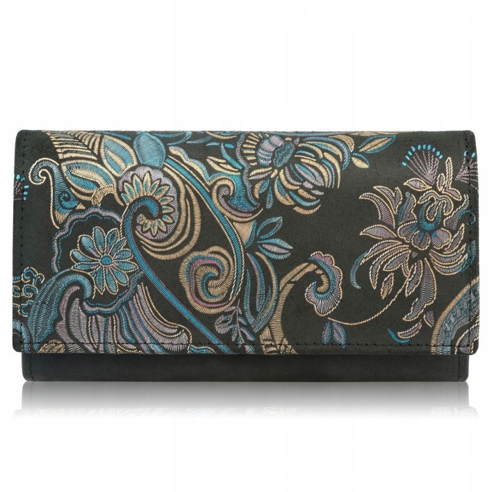 Portfel damski skórzany z wzorem kwiatowym duży modny czarny Paolo Peruzzi