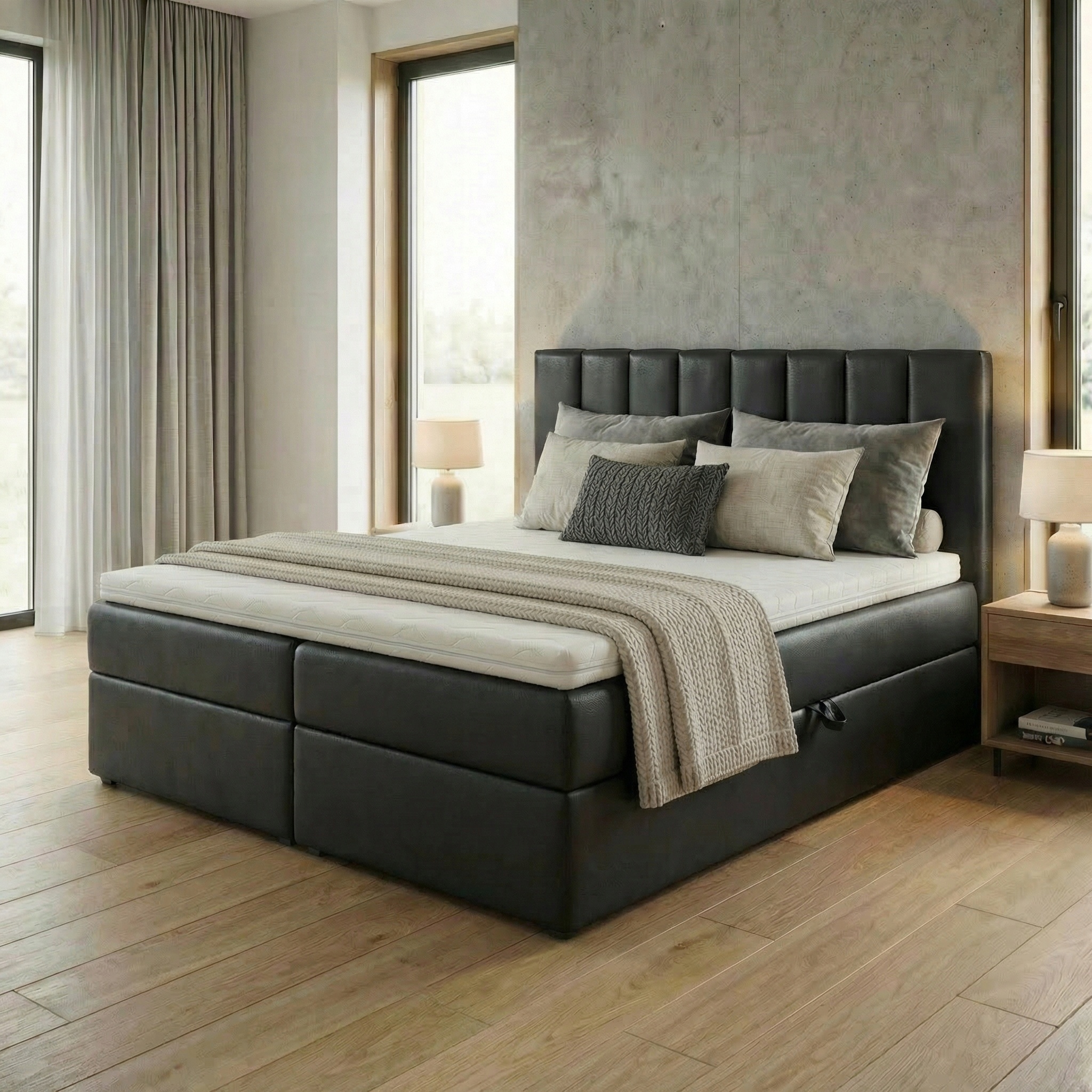 Kontinentální postel 160x200 Sonno Bello s matracemi, černá, eko kůže