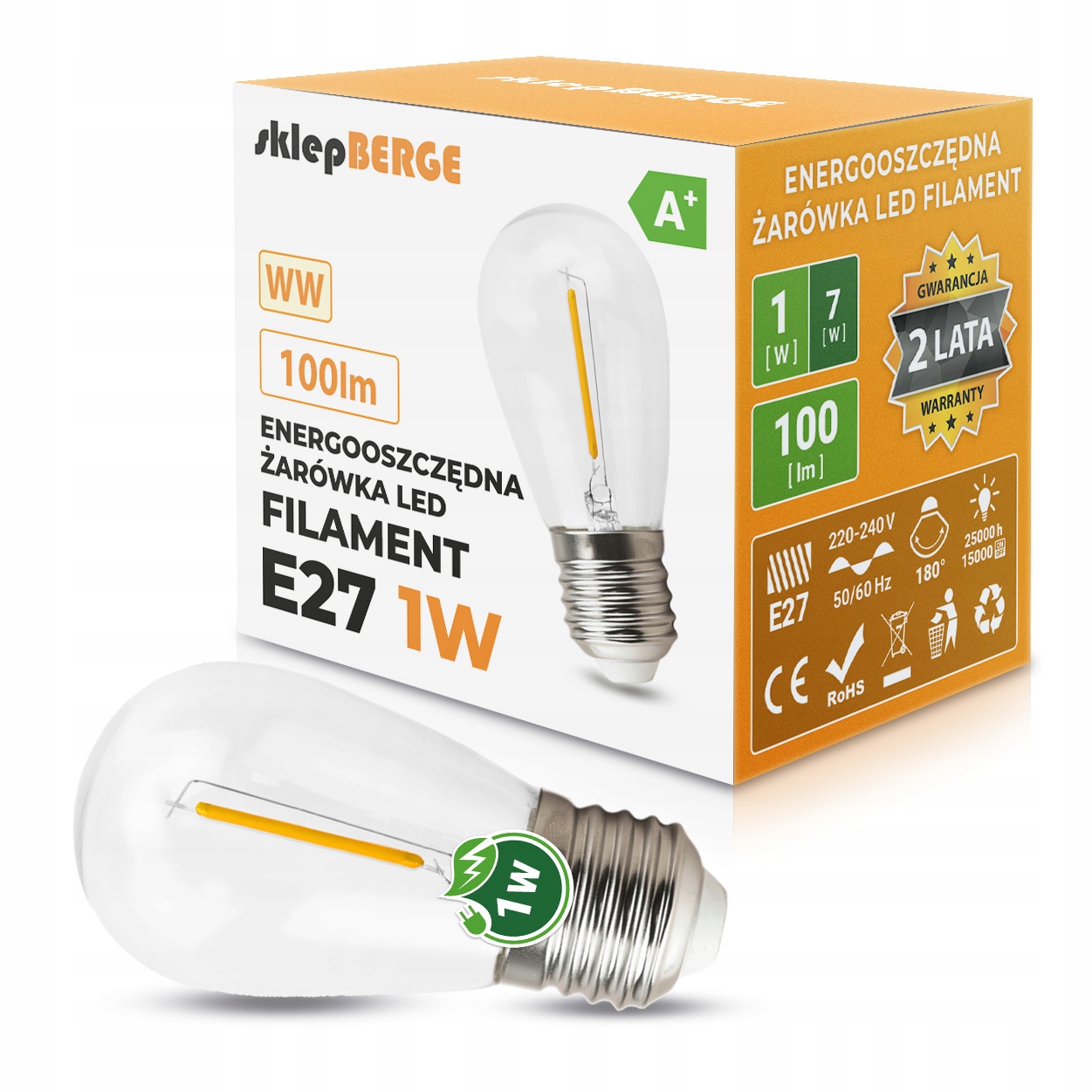 Żarówka LED E27 1W filament edison retro ozdobna 60lm